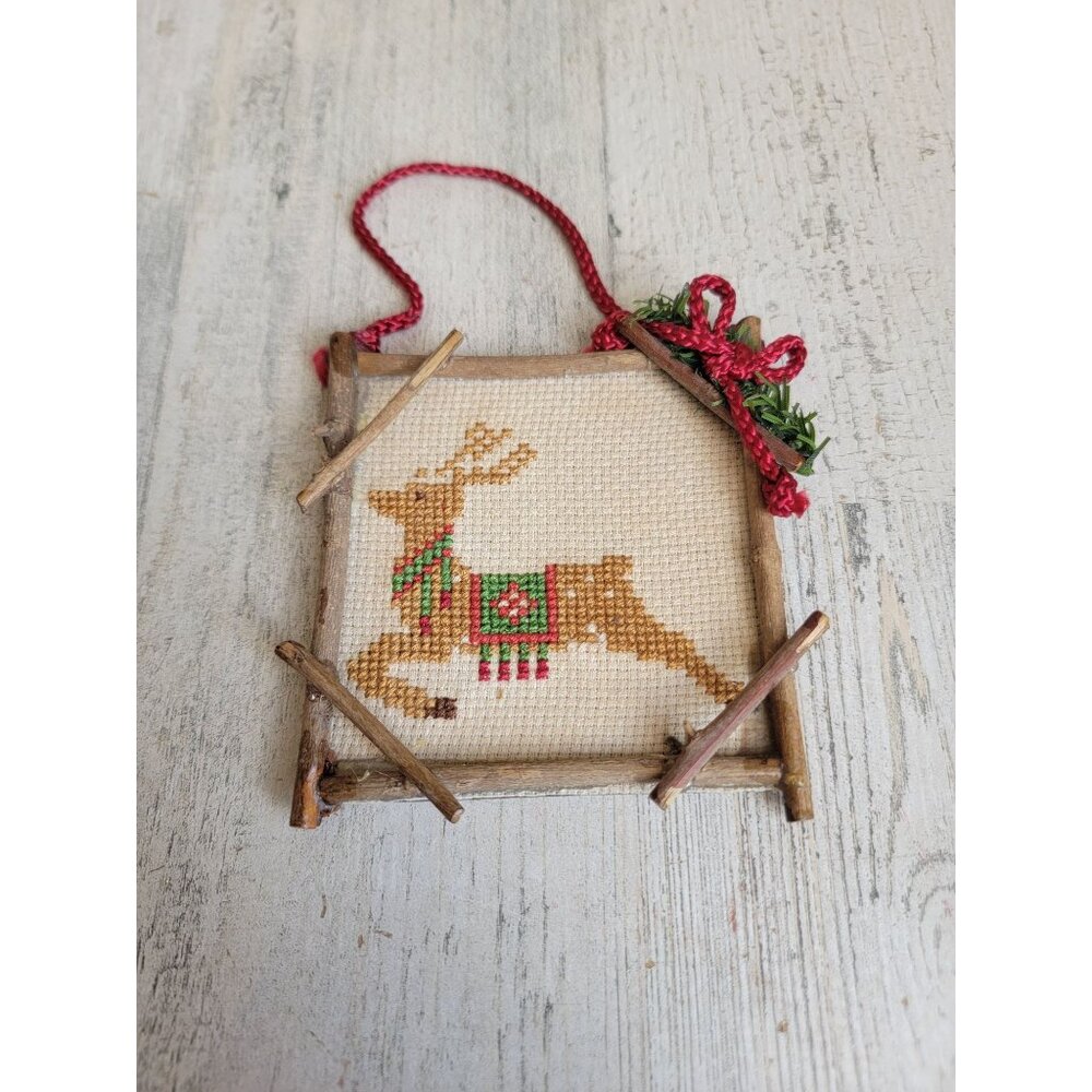 Mini cross stitch reindeer leap stick ornament Xmas